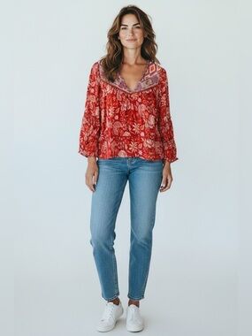 Rachel Zoe Floral Embroidered Blouse Red Size XS
